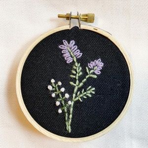 Lavender Flower Embroidery Art Floral Crewel Framed Wall Decor Fairycore